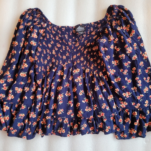 Boho Bell Sleeves Smocked Floral Print Top Ruffle Cottagecore Navy Blue XL - Picture 4 of 13